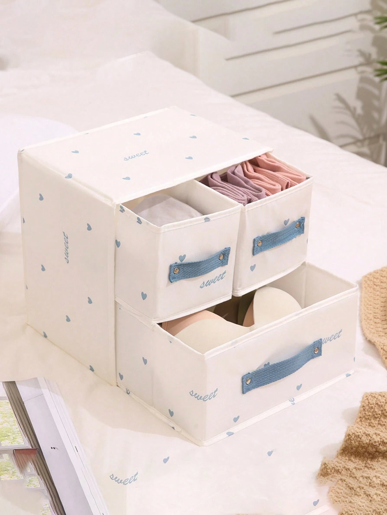 クローゼット用下着収納ボックス 引き出し式ファブリック仕分け｜靴下・下着用覆い付き仕切り付き 寮向け多層収納 デスクトップ多目的収納