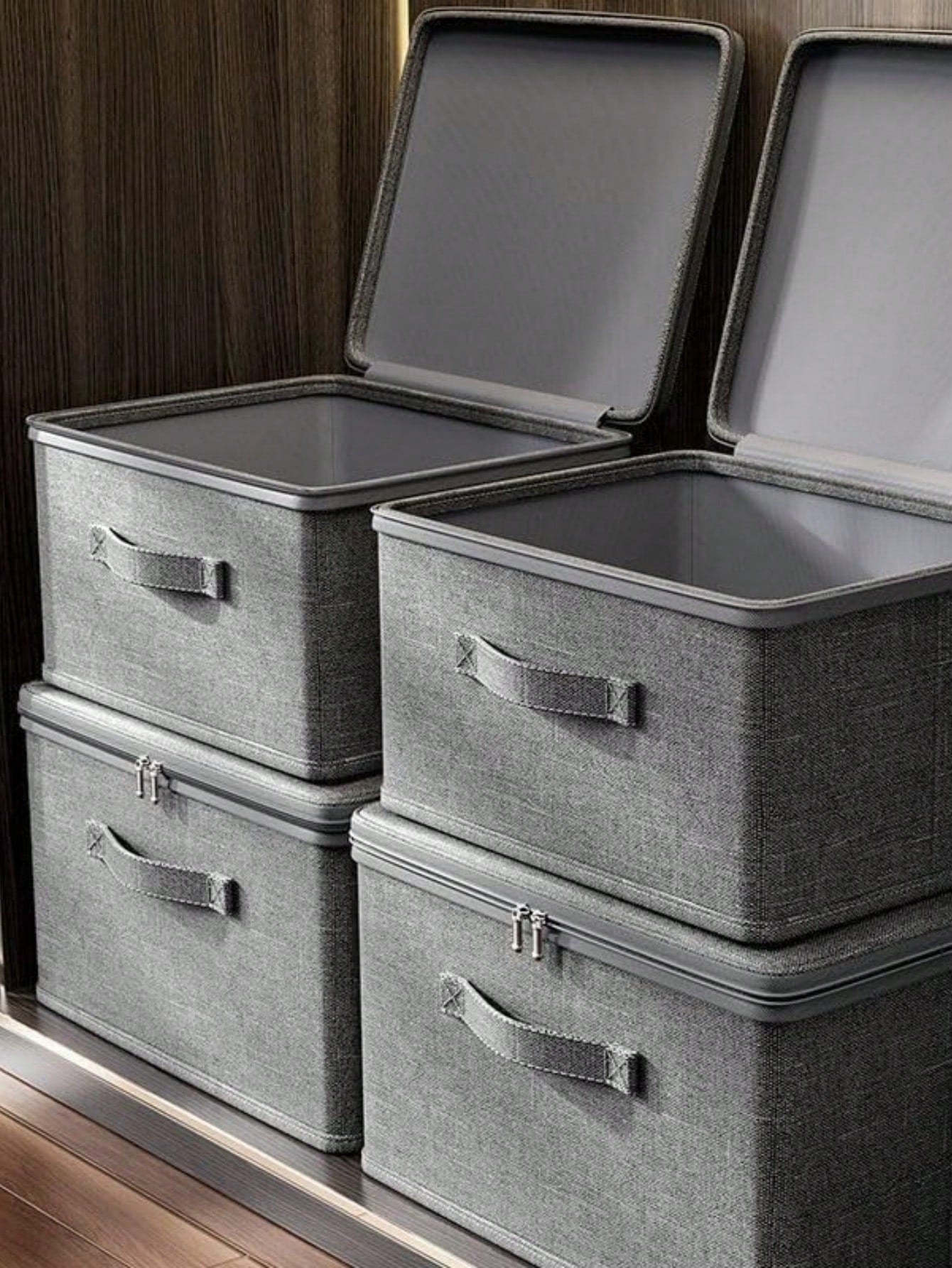 大容量グレーストレージボックス トラベル・移動用 衣類収納対応 柔軟折りたたみ可能 一体型持ち手付き 季節の収納整理用