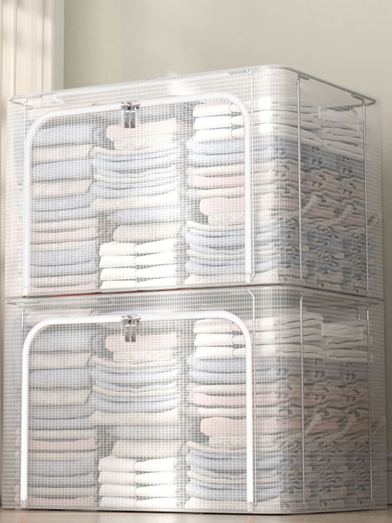 クリア衣類収納ボックス 装飾性兼用｜フェスタ装飾・ホームデコ対応 レディース衣類（T シャツ・パンツ・ドレス・四季服）用 ミニマリストオーガナイザー