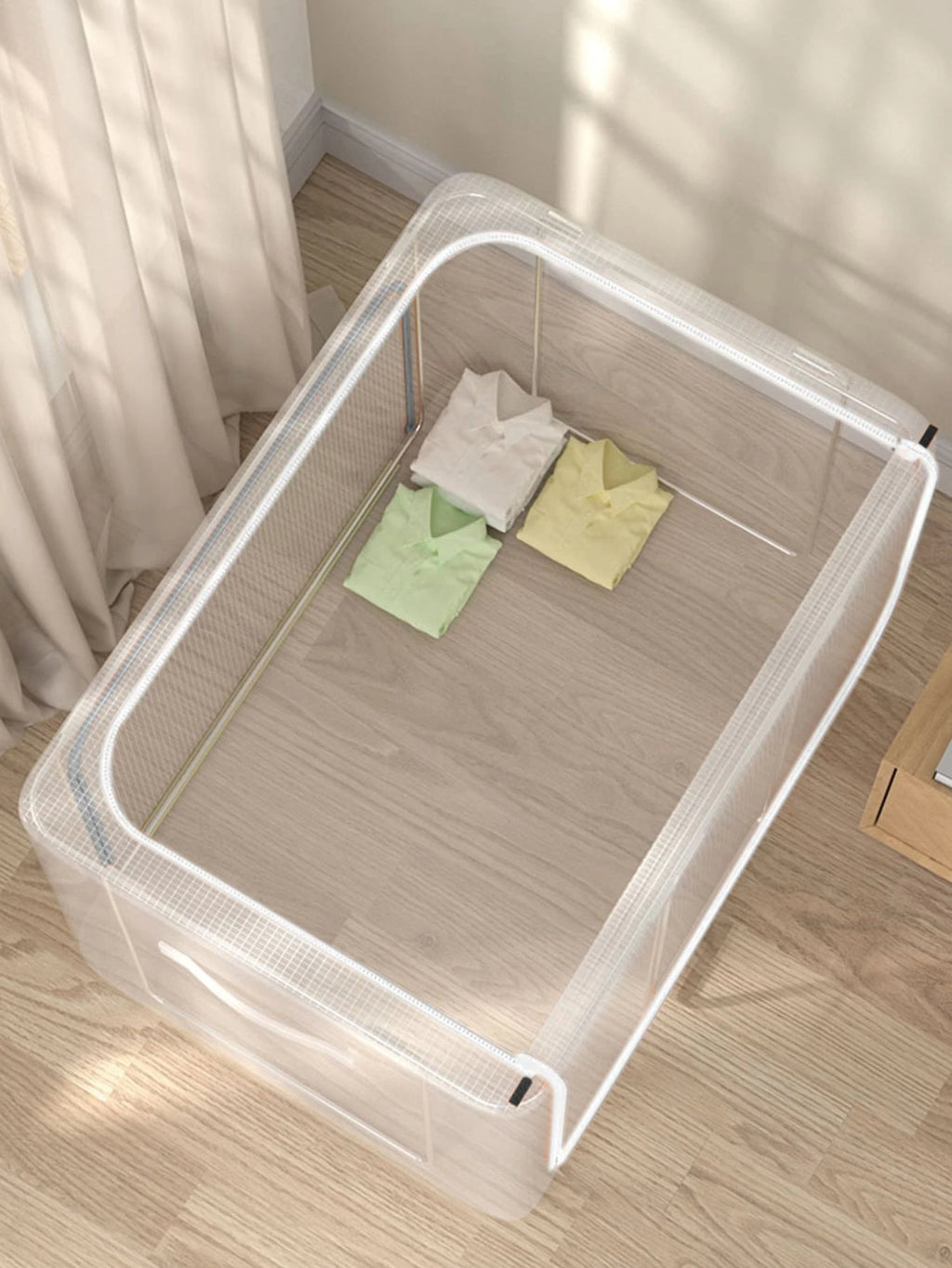 クリア衣類収納ボックス 装飾性兼用｜フェスタ装飾・ホームデコ対応 レディース衣類（T シャツ・パンツ・ドレス・四季服）用 ミニマリストオーガナイザー