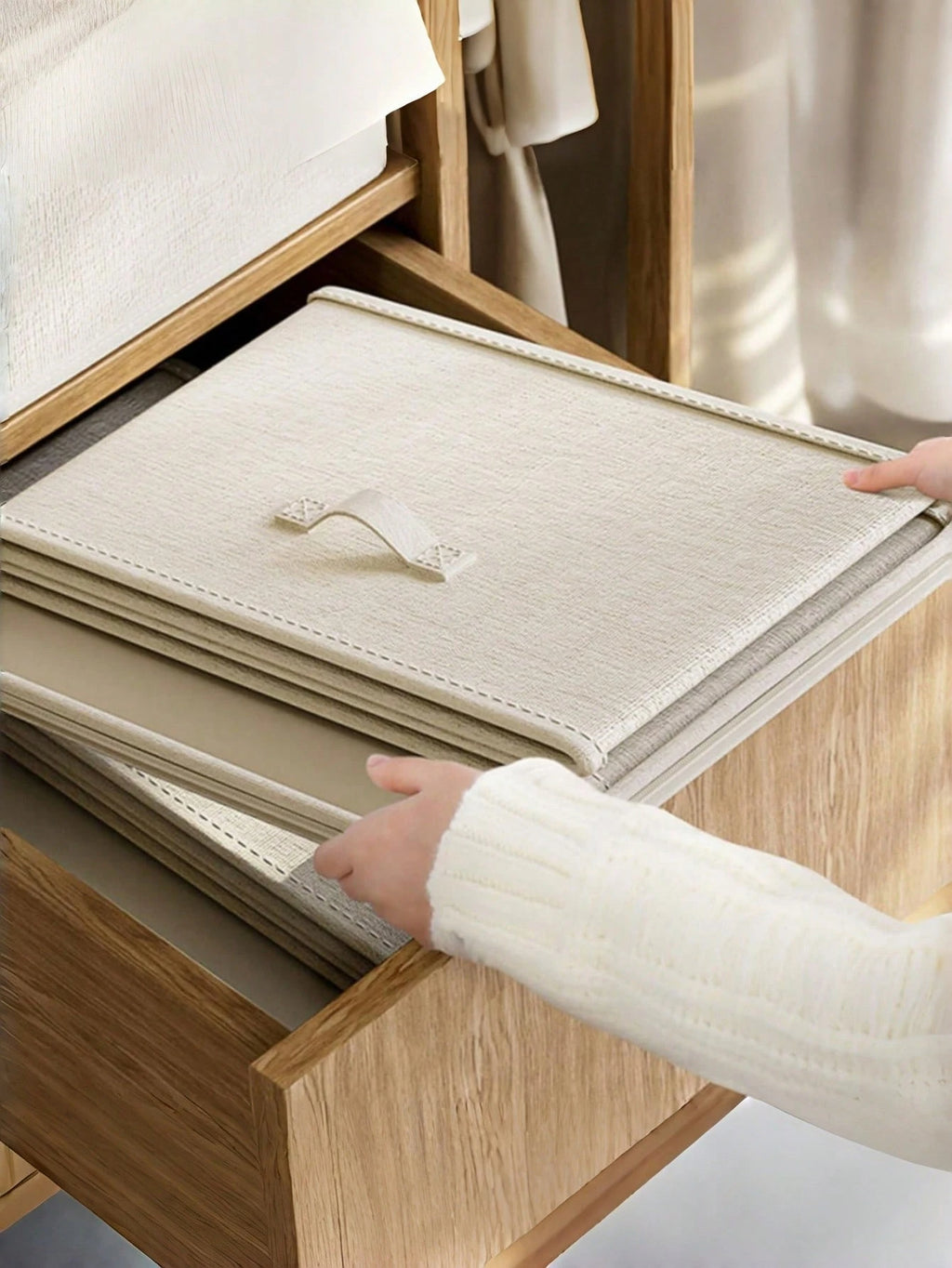 大容量ベージュ収納ボックス トラベル移動用｜柔軟折りたたみ式 一体型持ち手付き 衣類・季節物収納整理 ホーム・ベッドルームインテリア兼用 お祭り装飾対応