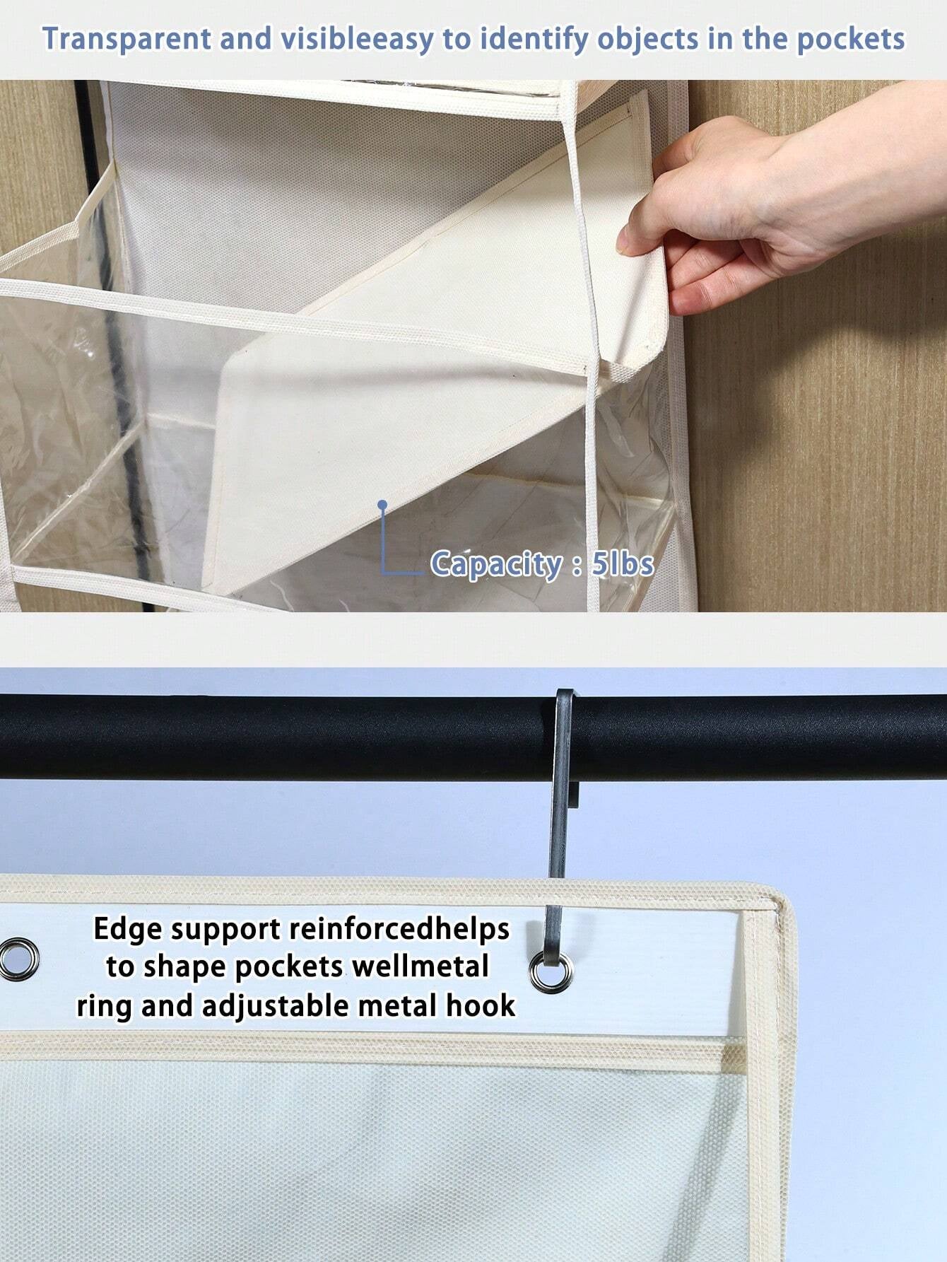 ドア上掛け式 6 段収納オーガナイザー 2 フック付き ベージュメッシュ 折りたたみ不織布 衣類 / ぬいぐるみ / 食品収納対応 ドア裏 / クローゼット / ベッドルームホーム収納用