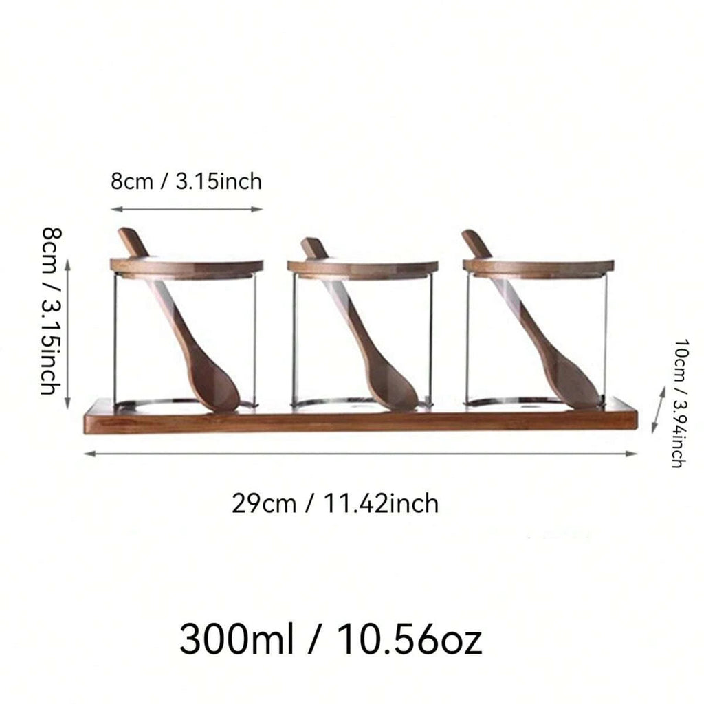 スプーンとウッドラック付きスパイス瓶3つセット、300mlの高品質ガラス調味料容器、蓋付き、塩・こしょう・砂糖ストレージオーガナイザー、トンネルとラベルが付属