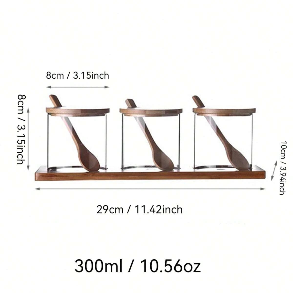 スプーンとウッドラック付きスパイス瓶3つセット、300mlの高品質ガラス調味料容器、蓋付き、塩・こしょう・砂糖ストレージオーガナイザー、トンネルとラベルが付属