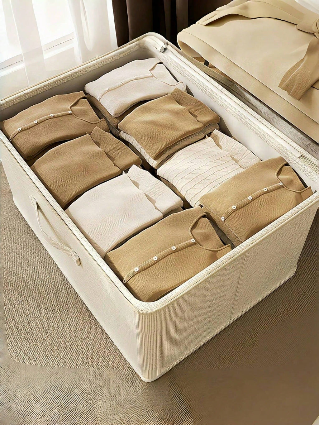 大容量ベージュ収納ボックス トラベル移動用｜柔軟折りたたみ式 一体型持ち手付き 衣類・季節物収納整理 ホーム・ベッドルームインテリア兼用 お祭り装飾対応