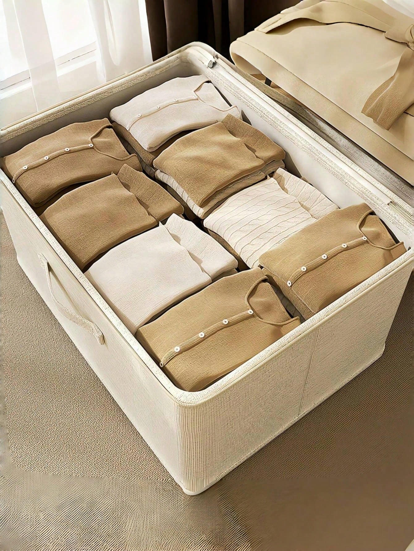 大容量ベージュ収納ボックス トラベル移動用｜柔軟折りたたみ式 一体型持ち手付き 衣類・季節物収納整理 ホーム・ベッドルームインテリア兼用 お祭り装飾対応