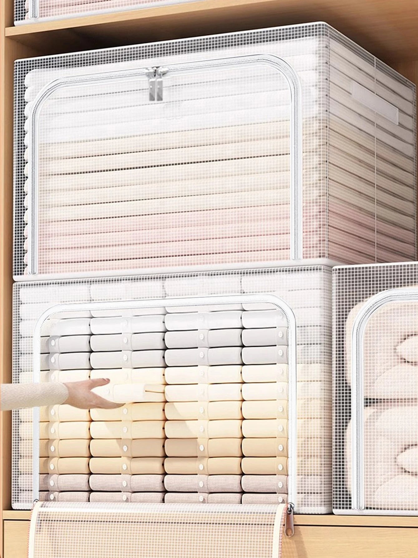 クリア衣類収納ボックス 装飾性兼用｜フェスタ装飾・ホームデコ対応 レディース衣類（T シャツ・パンツ・ドレス・四季服）用 ミニマリストオーガナイザー