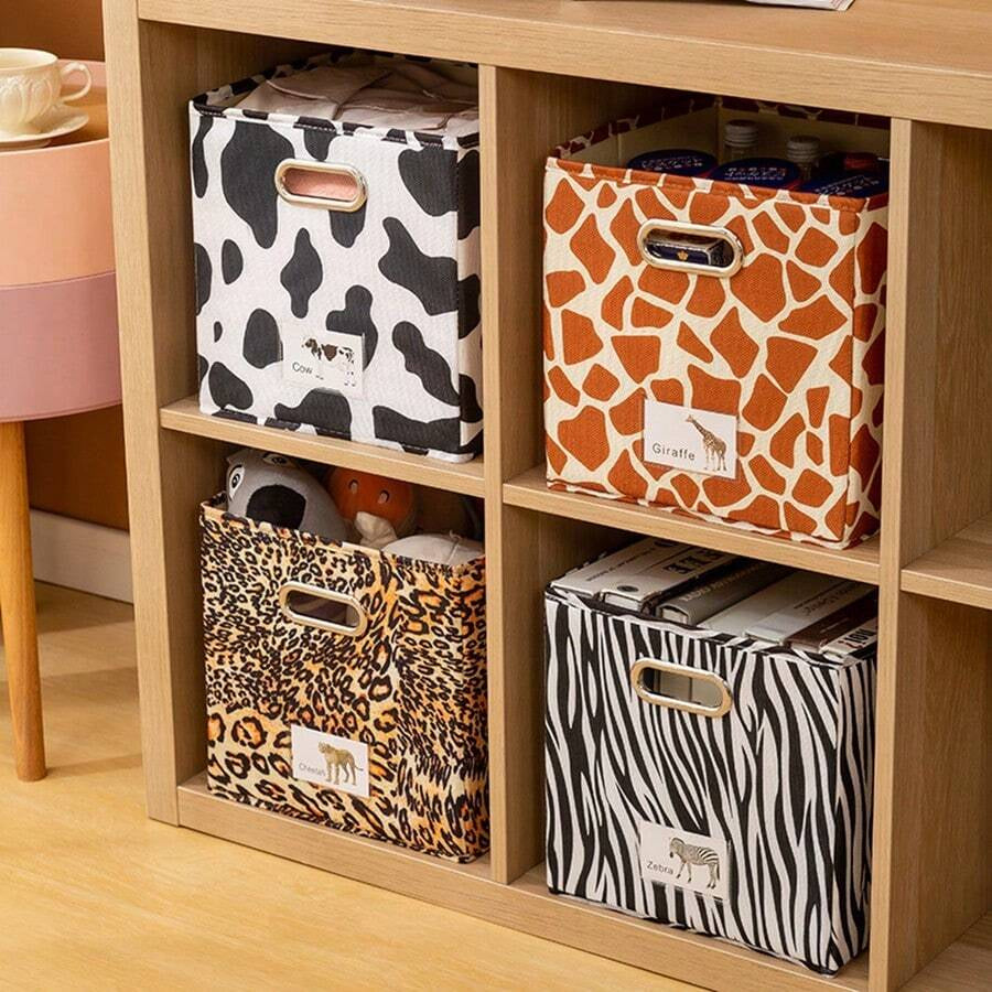 動物柄引き出しストレージボックス 4 種類柄（ウシ・ヒョウ・シマウマ・キリン） 各種サイズ 多場面対応 衣類 / 雑貨収納 高級テクスチャ