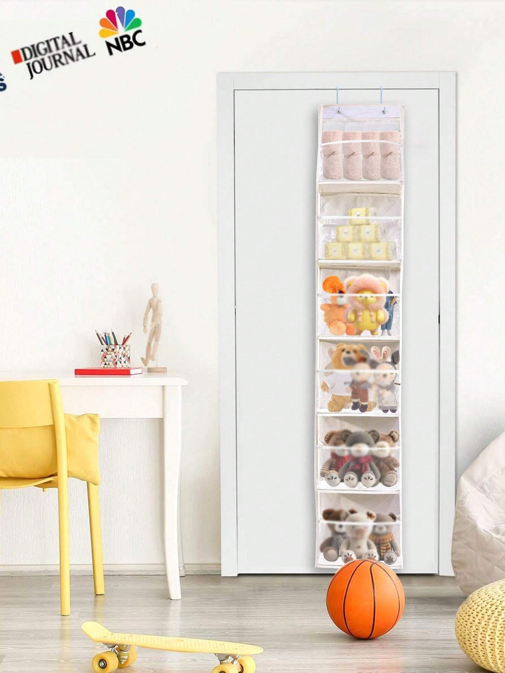 ドア上掛け式 6 段収納オーガナイザー 2 フック付き ベージュメッシュ 折りたたみ不織布 衣類 / ぬいぐるみ / 食品収納対応 ドア裏 / クローゼット / ベッドルームホーム収納用