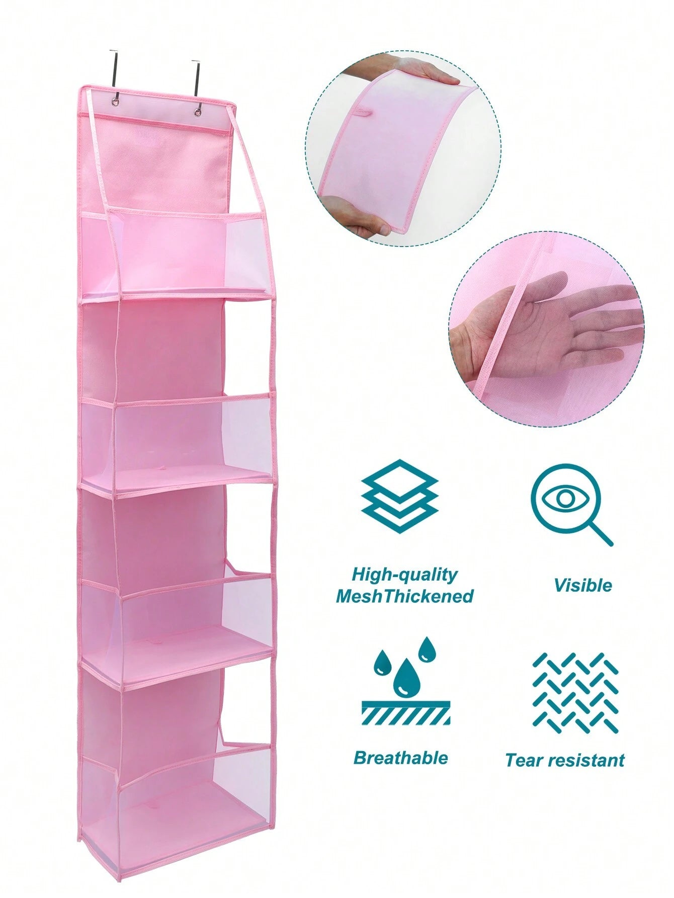 ドア上掛け式 6 段収納オーガナイザー 2 フック付き ベージュメッシュ 折りたたみ不織布 衣類 / ぬいぐるみ / 食品収納対応 ドア裏 / クローゼット / ベッドルームホーム収納用