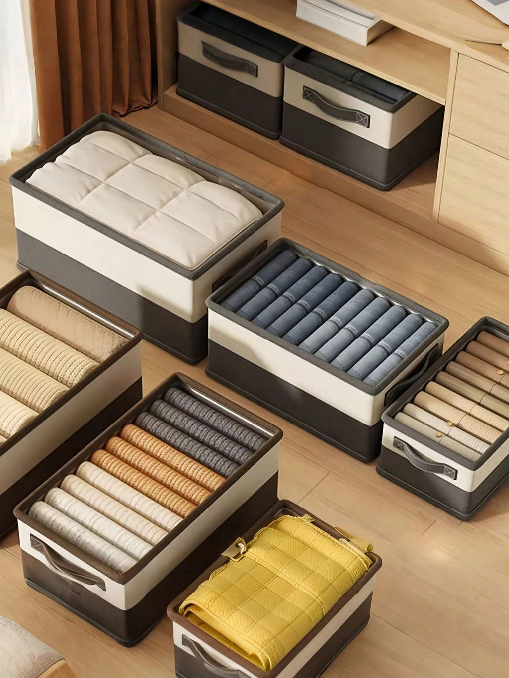1個 寝具収納ボックス 取っ手付き硬質引き出し式 仕切り付き｜衣類・下着・布団・靴類収納に最適 クローゼット用折りたたみ ホームデコレーション兼用