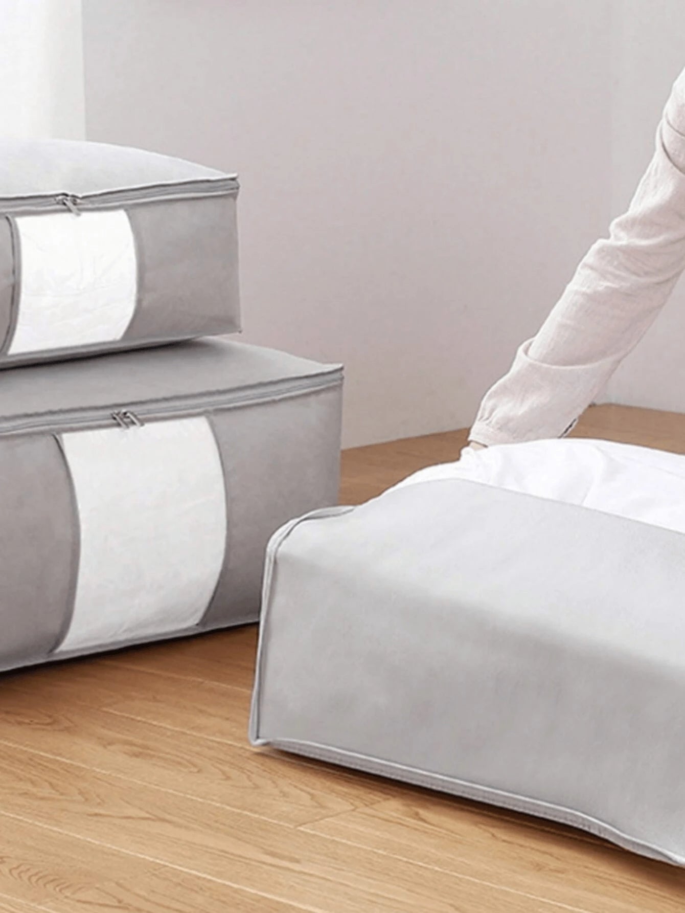 3 点セット グレー大容量収納ボックス 布団・毛布・衣類収納用 折りたたみジッパー付き 持ち手付き クローゼット・ホリデー装飾収納対応