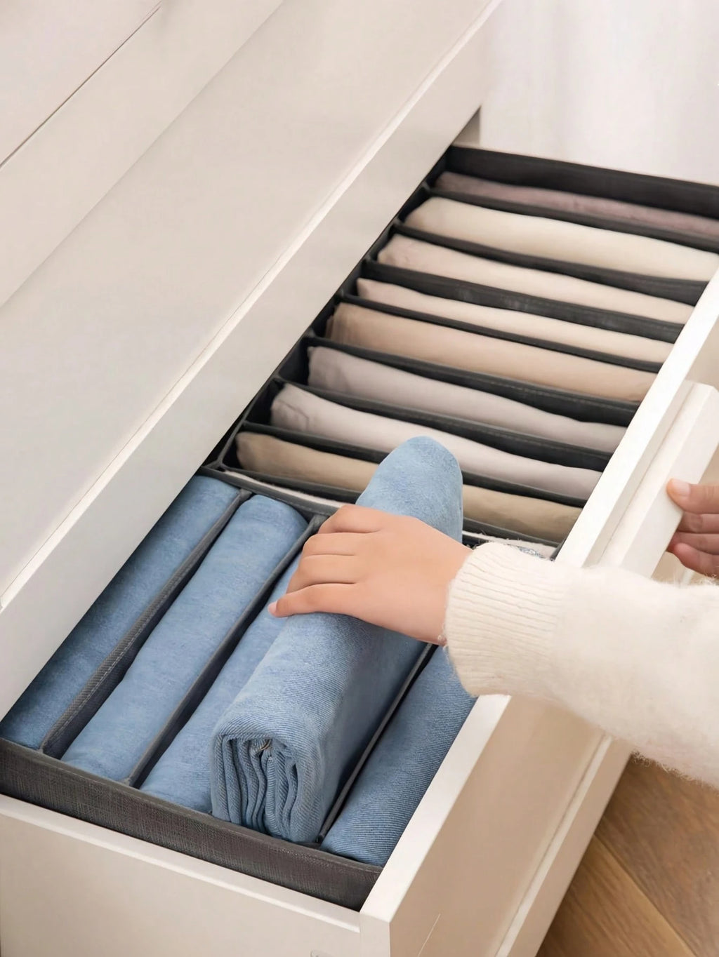 グレー不織布収納ボックス マルチコンパートメント引き出し仕切り クローゼット・下着収納用 折りたたみ式 スペースセーブ ハンドル付き持ち運び便利