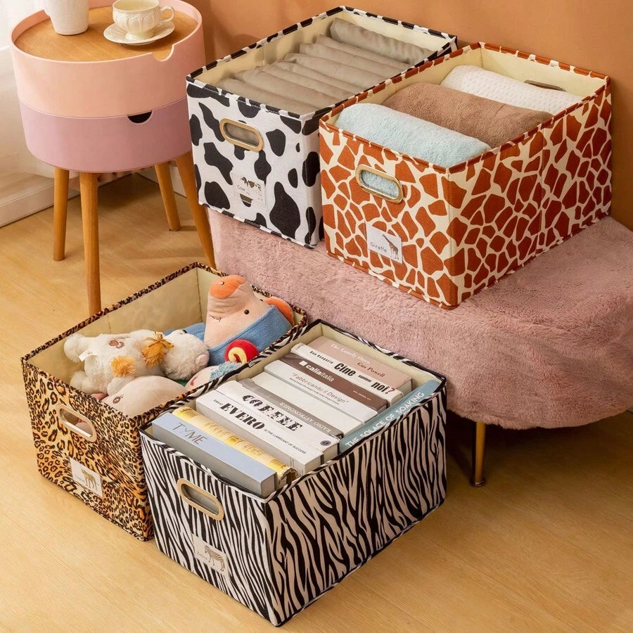 動物柄引き出しストレージボックス 4 種類柄（ウシ・ヒョウ・シマウマ・キリン） 各種サイズ 多場面対応 衣類 / 雑貨収納 高級テクスチャ