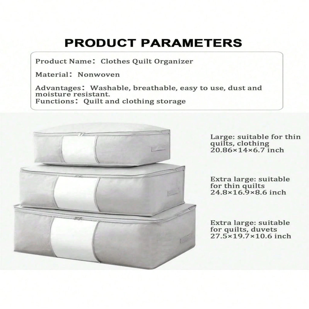3 点セット グレー大容量収納ボックス 布団・毛布・衣類収納用 折りたたみジッパー付き 持ち手付き クローゼット・ホリデー装飾収納対応