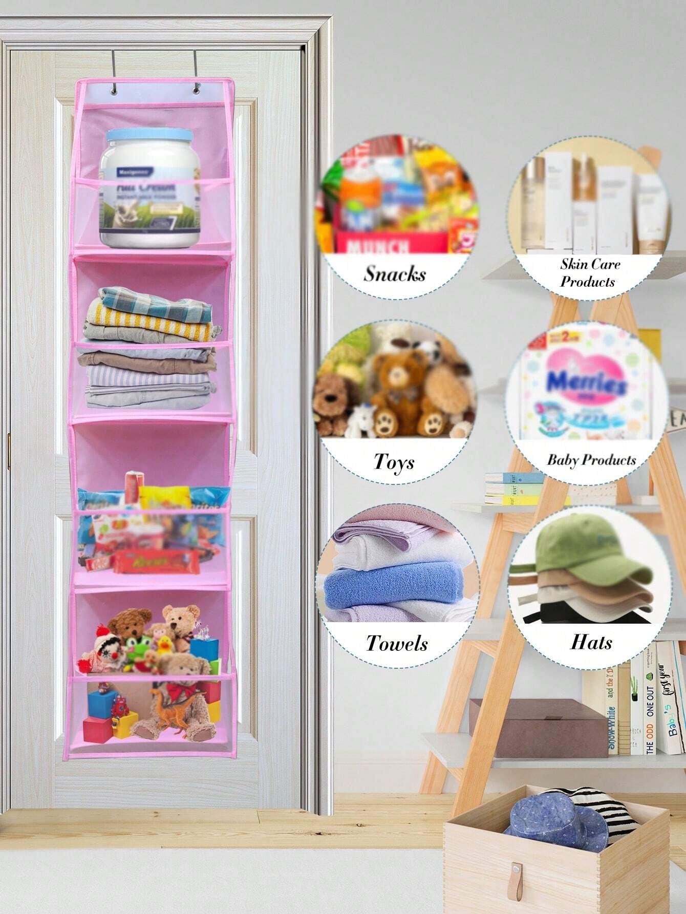 ドア上掛け式 6 段収納オーガナイザー 2 フック付き ベージュメッシュ 折りたたみ不織布 衣類 / ぬいぐるみ / 食品収納対応 ドア裏 / クローゼット / ベッドルームホーム収納用